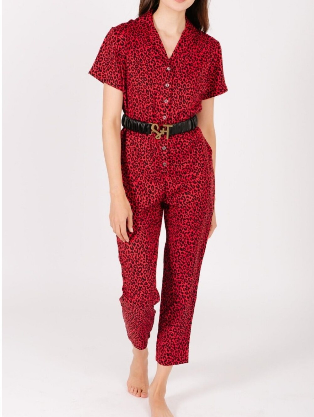 Smash + Tess Red Leopard Print Short-Sleeve Button Jumpsuit